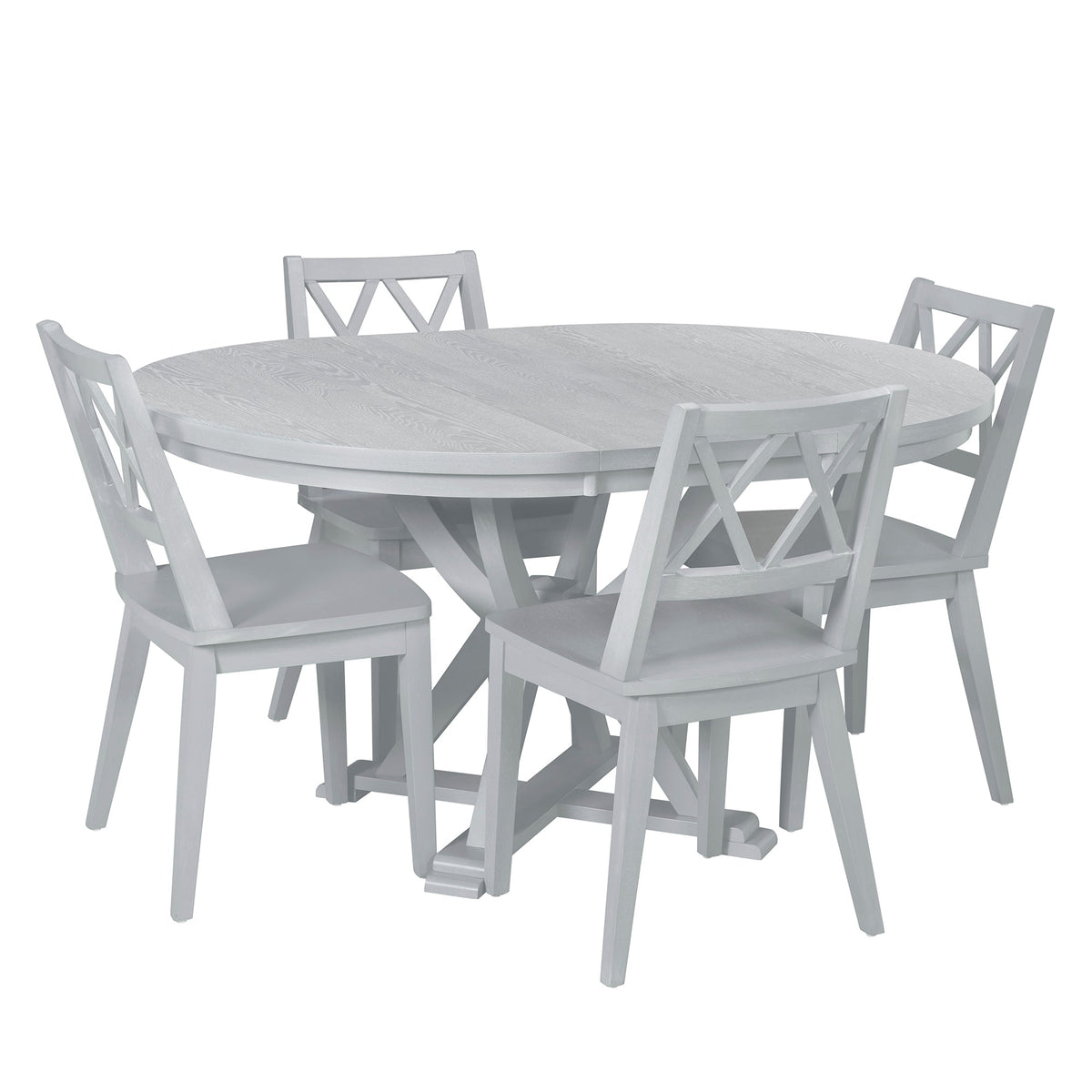 Mid-Century 5-Piece Extendable Round Dining Table Set With 15.7" Removable Leaf and 4 Cross Back Dining Chairs, Grey