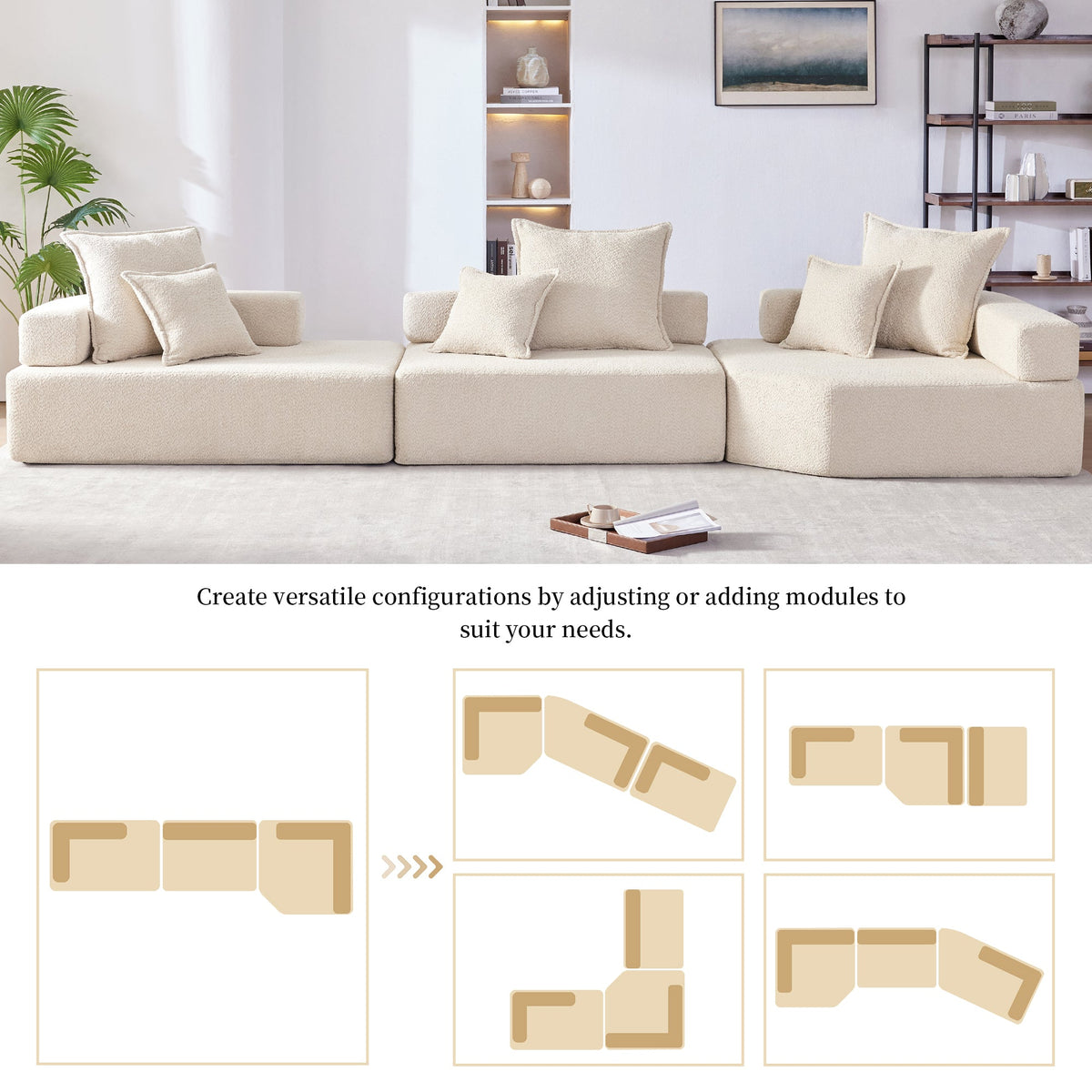 Sofá seccional modular de gran tamaño, lujoso conjunto de sofá de suelo de bouclé, sofá cama convertible, espacioso sofá cama relleno de espuma