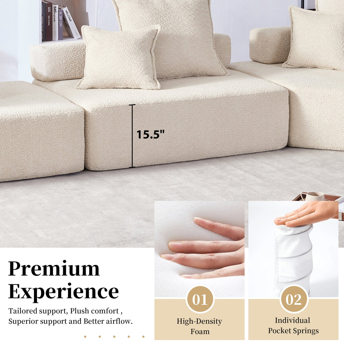 Ponadwymiarowa modułowa sofa narożna, luksusowy zestaw kanap podłogowych z tkaniny boucle, rozkładana kanapa, przestronna sofa z wypełnieniem piankowym F