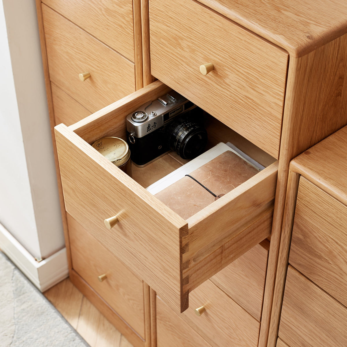 Solid Oak Bedside Table Storage Cabinet for Living Room - Free-Standing Corner Cabinets Storage Table-Four Drawers