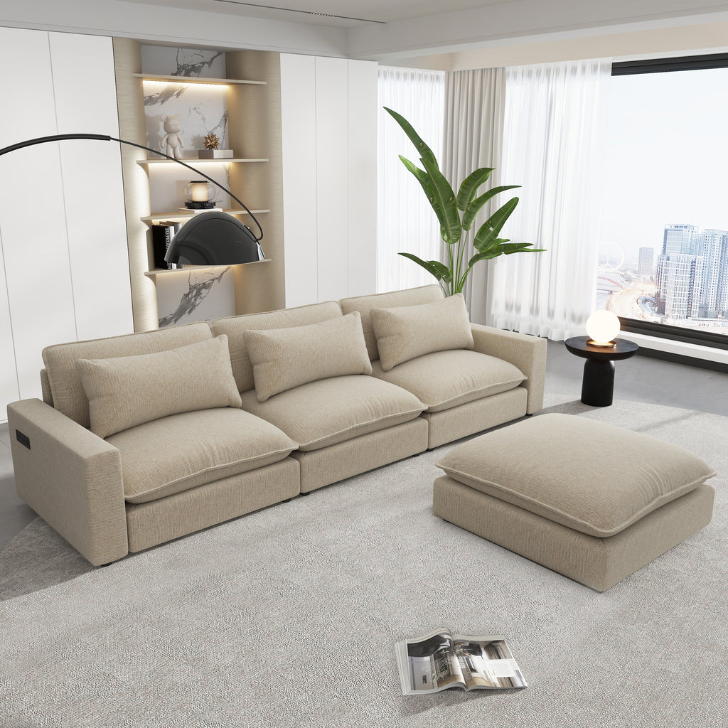 128" Sectional Sofa Cloud Sofa Chenille Upholstered Sofa  Couch With Movable Ottoman, Comfortable Seat Cushions, Chargin