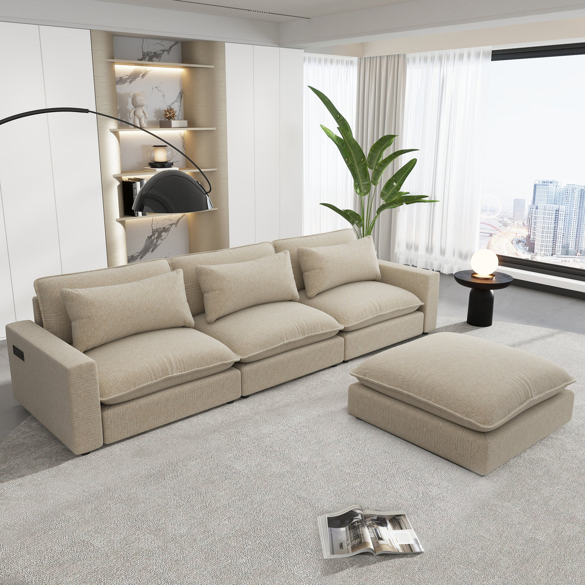 128" Sectional Sofa Cloud Sofa Chenille Upholstered Sofa  Couch With Movable Ottoman, Comfortable Seat Cushions, Chargin