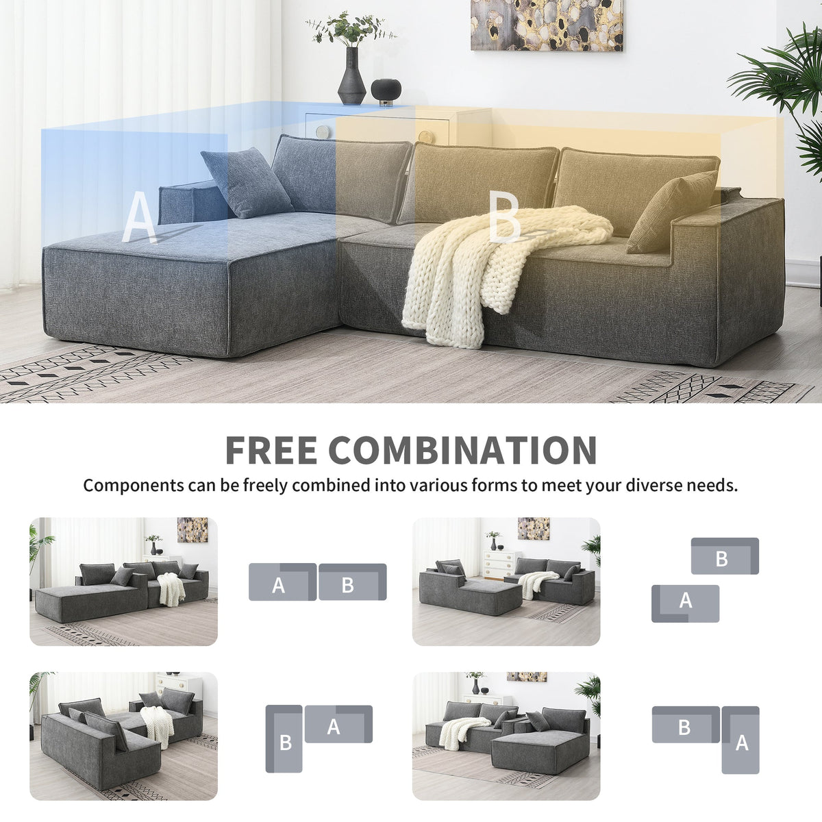 111.5*72"Minimalist Style Modular Sectional Sofa,Wrinkle-Resistant Chenille Couch Set,L-Shaped Sleeper Sofa Bed for Livi