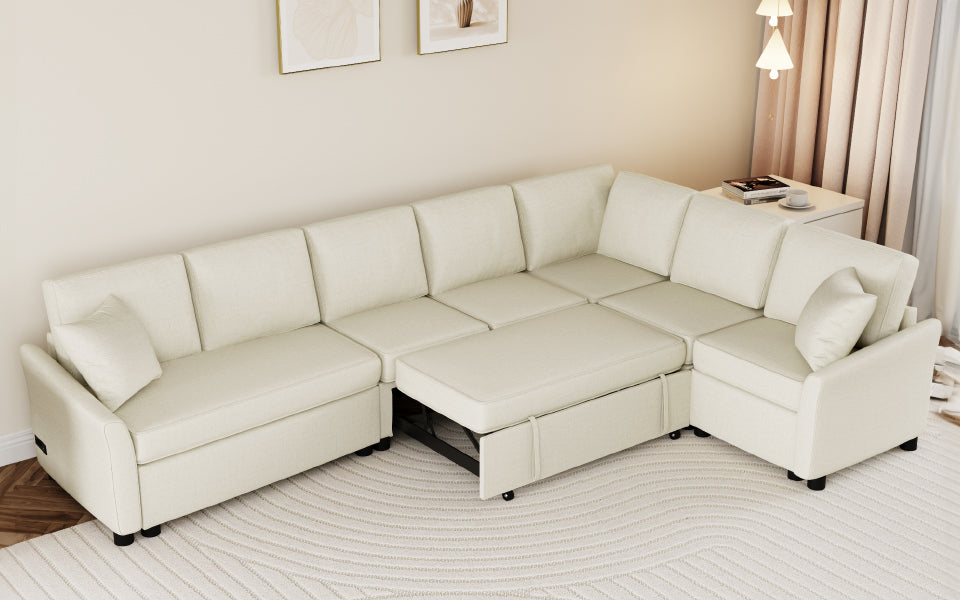 Sofá en forma de L de 124.8", sofá cama convertible extraíble con dos cojines de respaldo, dos puertos USB y dos enchufes eléctricos