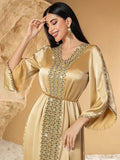 Embellished Satin Kaftan Abaya With Golden Cord Belt
