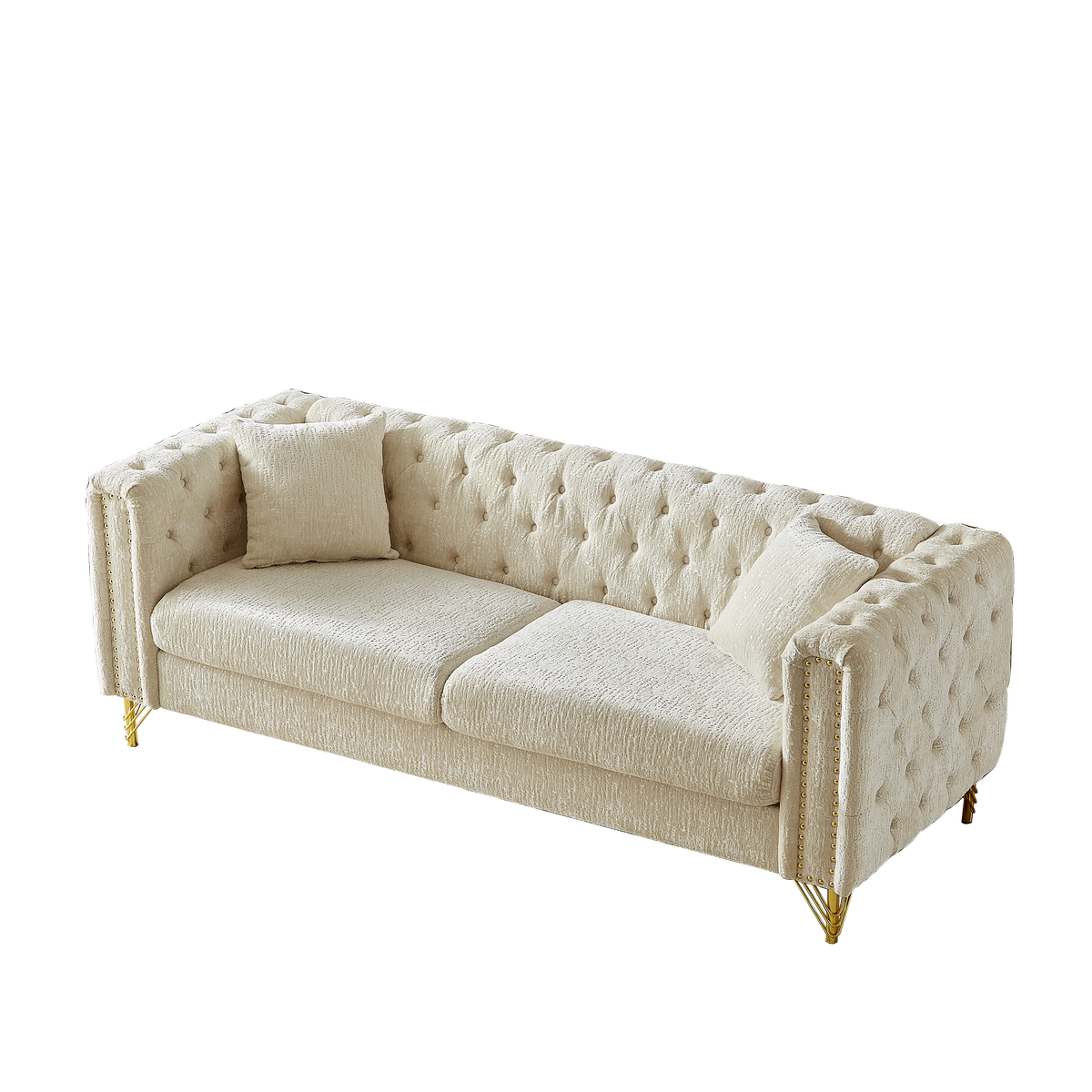 82-tums soffa i chenille med dragspännesdesign för vardagsrum, knapptuftad med kopparnagelsdekoration på armstödet, modern soffa