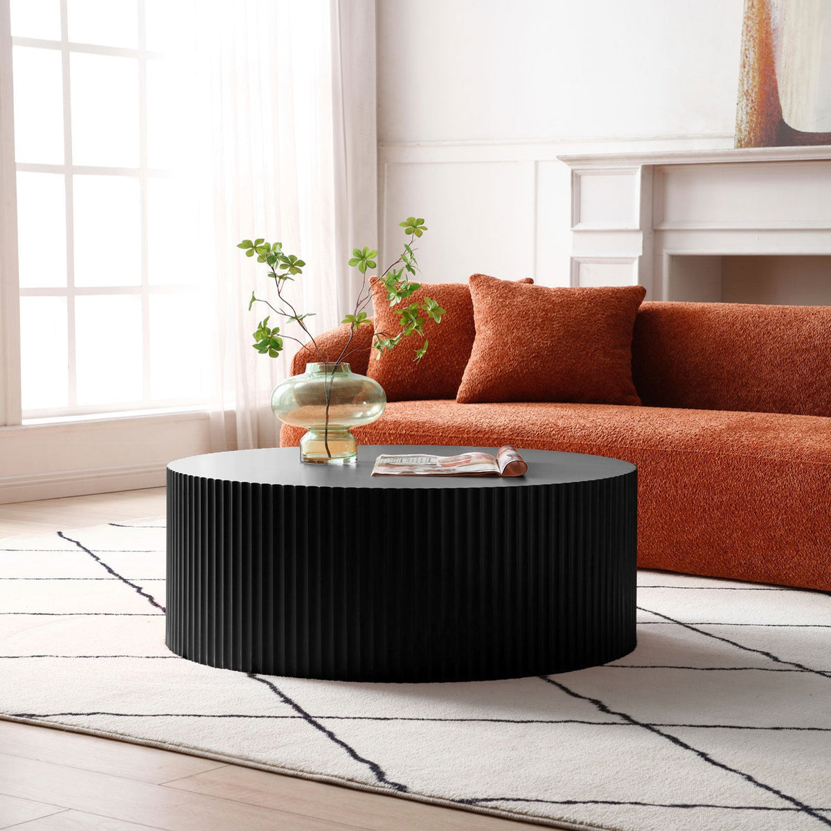 Sleek and Modern Round Coffee Table With Eye-Catching Relief Design, Black