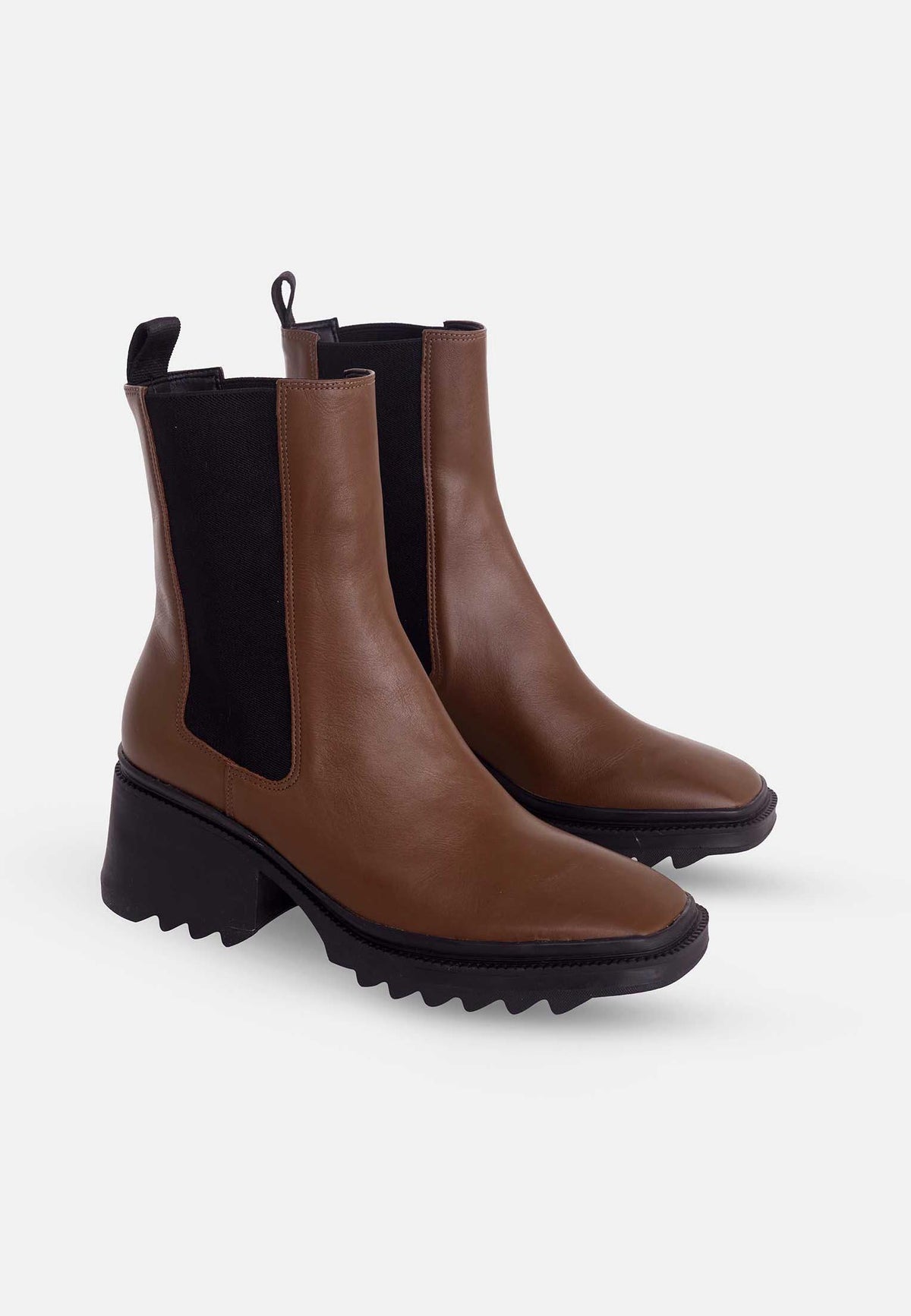 Botines Chelsea Arachis de cuero marrón: suela dentada, tacón cuadrado de 7,8 cm