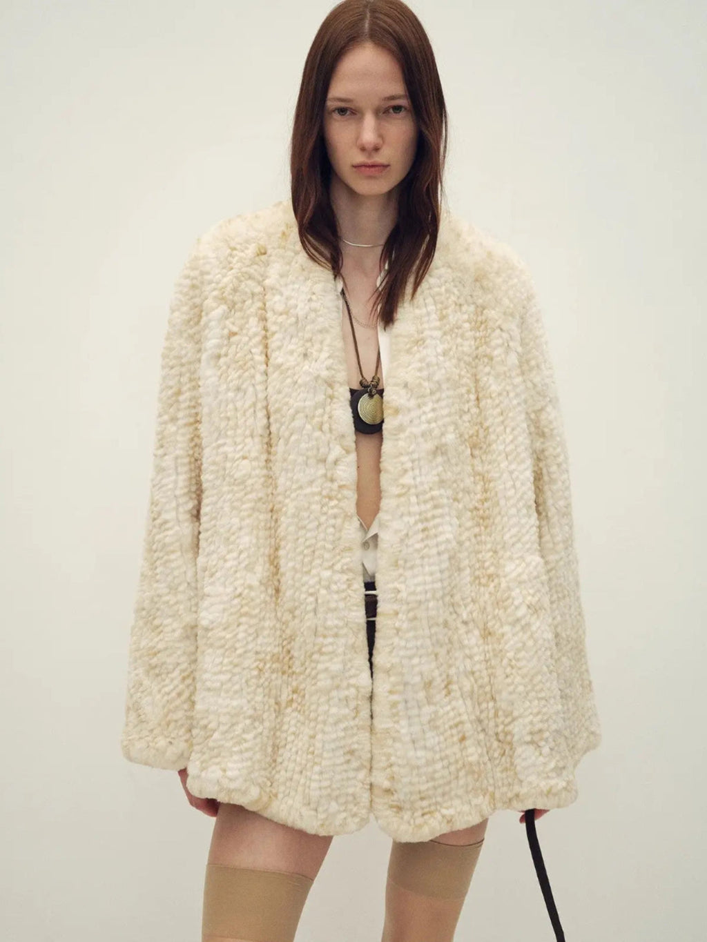 Loose-Fitting Two-Tone Gradient-Dyed Long Woven Rex Rabbit Fur Coat "Artistic Weaving"