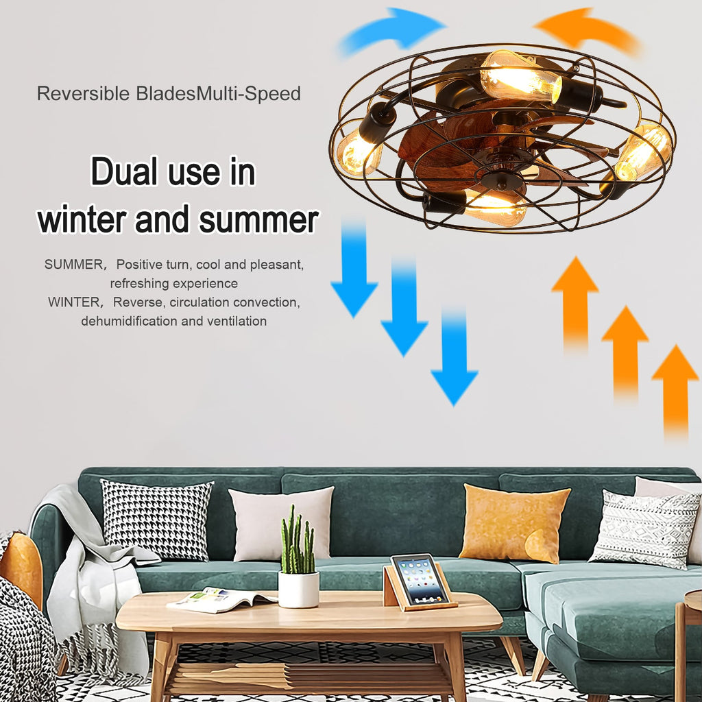 Käfig-Deckenventilator mit Licht, 20 Zoll flacher Landhaus-Deckenventilator mit Beleuchtung und Fernbedienung, moderner geschlossener Deckenventilator für 4x E26-Leuchtmittel