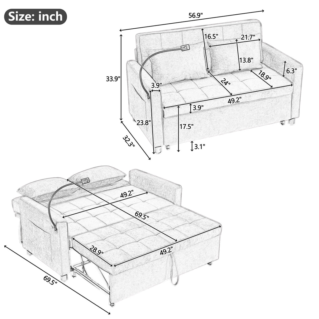 Sofá de dos plazas de 56.9" con cama nido, respaldo reversible, bolsillos laterales, dos puertos USB y un