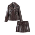 Cracked Patent Faux Leather Double Breasted Short Blazer & High Waist Mini A-Line Skirt Two-Piece Suit Set