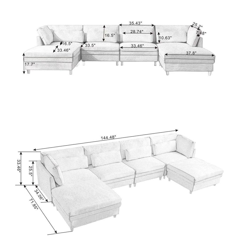 Oversized Modular Sectional Fabric Sofa Set With Waist Pillows, Extra Large U Shaped Couch With Reversible Chaise, 145 I