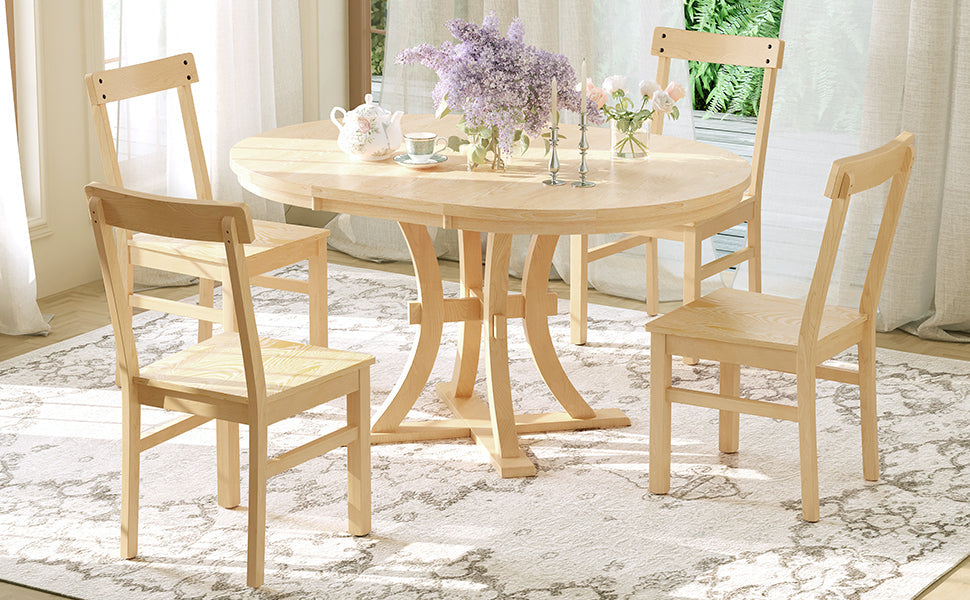 5-Piece Rustic Round Pedestal Extendable Dining Table Set With 15.7" Removable Leaf and Simple Dining Chirs for Small Pl