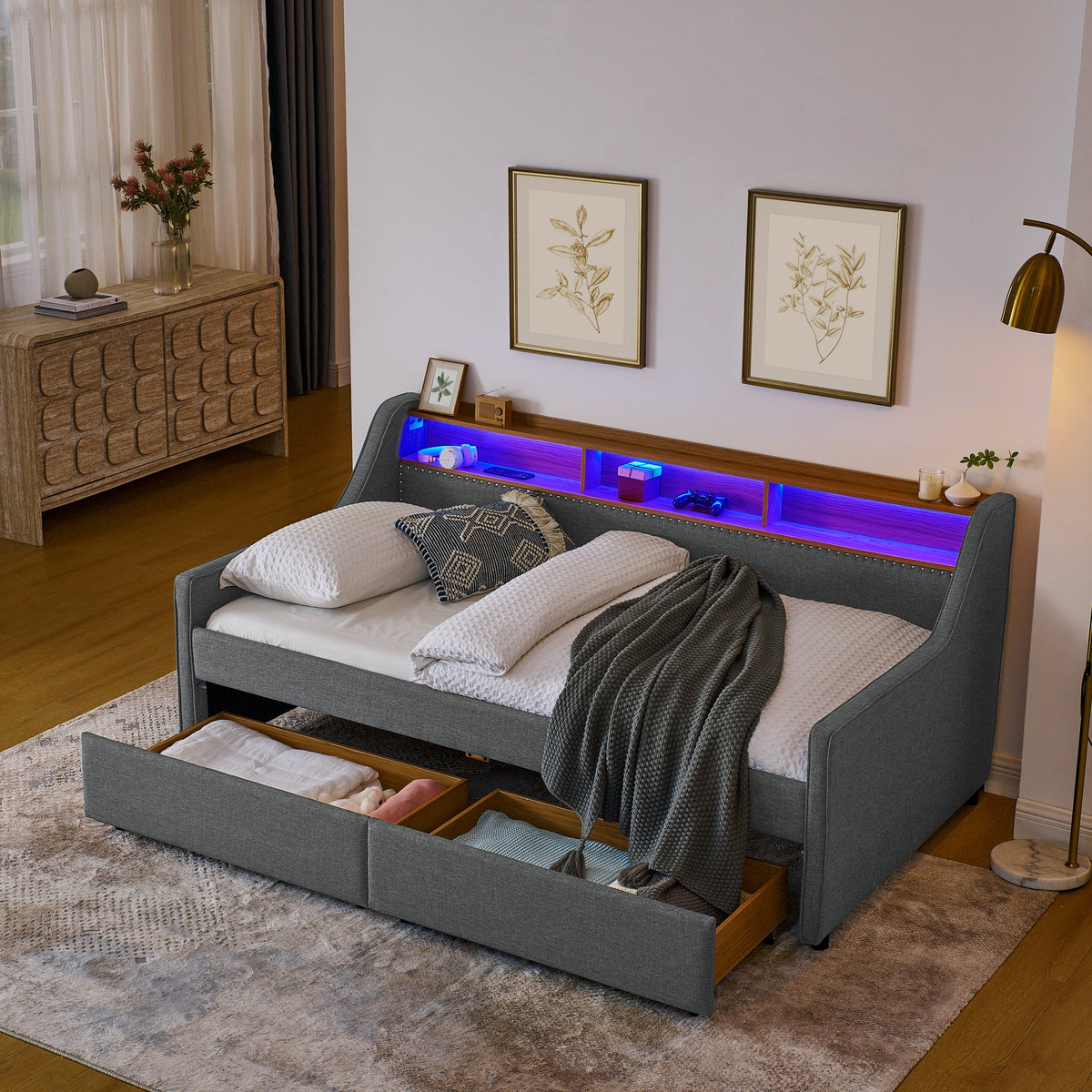 Twin Size Upholstery Sofa Bed With Three LED Lights, With Storage Adjustable Headboard, With Two Storage Pull Up Drawers