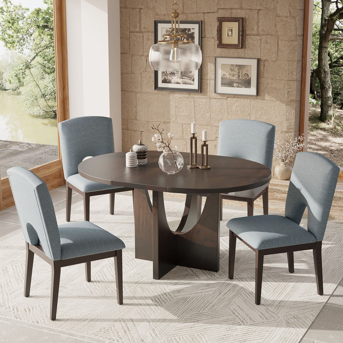 Modern 5-Piece Extendable Round Dining Table Set With 16.2inch Removable Leaf for Small Places, Espresso+Gray