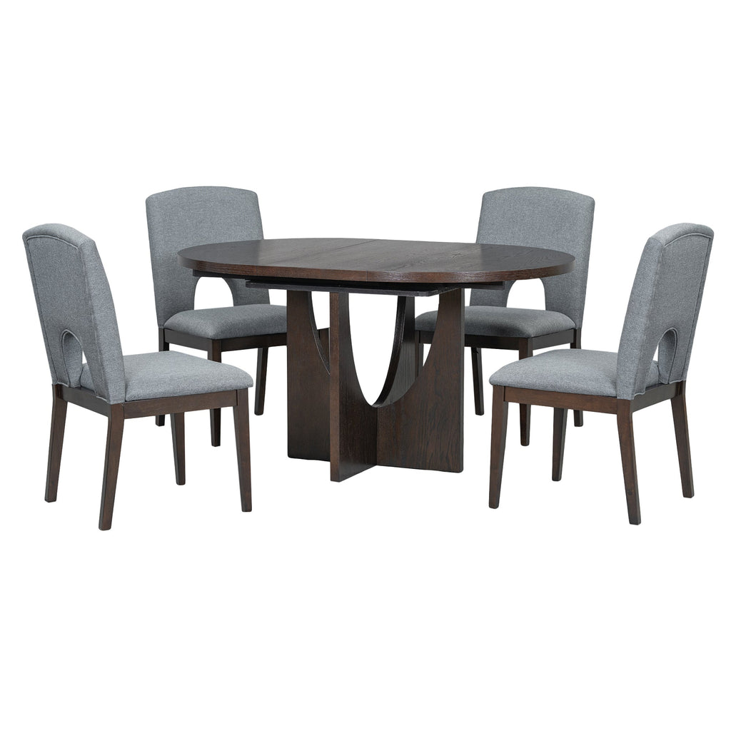 Modern 5-Piece Extendable Round Dining Table Set With 16.2inch Removable Leaf for Small Places, Espresso+Gray