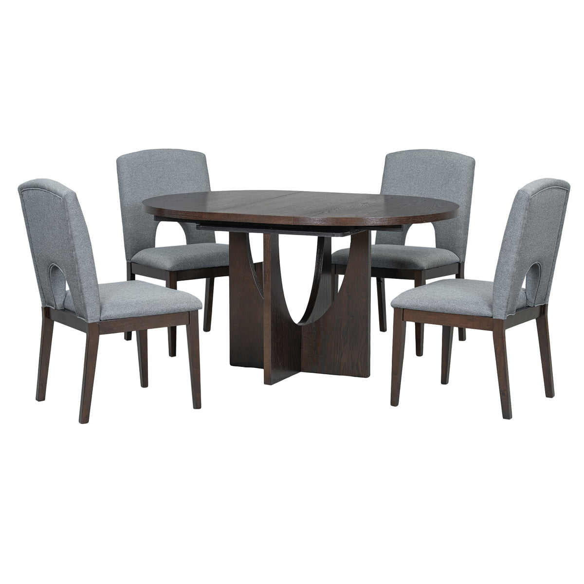 Modern 5-Piece Extendable Round Dining Table Set With 16.2inch Removable Leaf for Small Places, Espresso+Gray