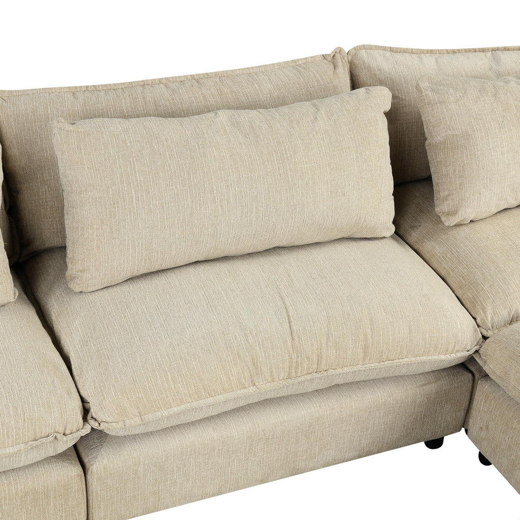 128" Sectional Sofa Cloud Sofa Chenille Upholstered Sofa  Couch With Movable Ottoman, Comfortable Seat Cushions, Chargin
