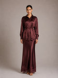 Gloss Satin Collared Lace Hem Shirt & Maxi Skirt 2 Piece Matching Co-ord Set