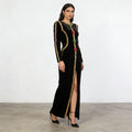 Velvet Gold Rhinestone Trim Long Sleeve Split Maxi Evening Gown