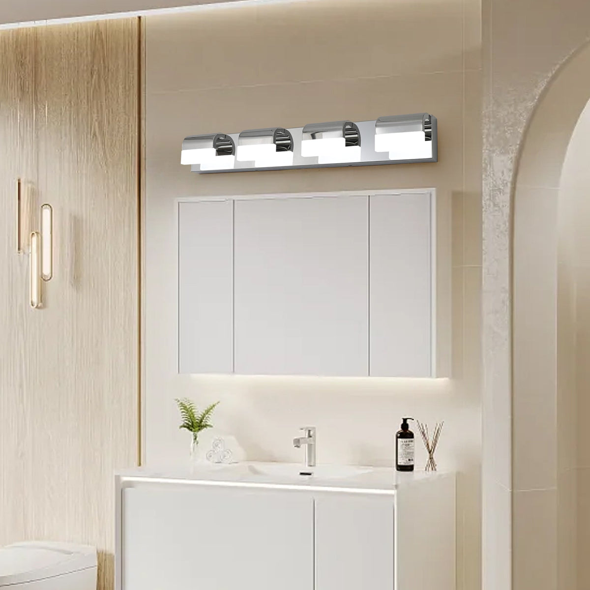 (Igual a W1340110600/L2012) Lámpara de baño moderna para tocador, luz LED de 4 luces para sobre el espejo, iluminación de pared para baño