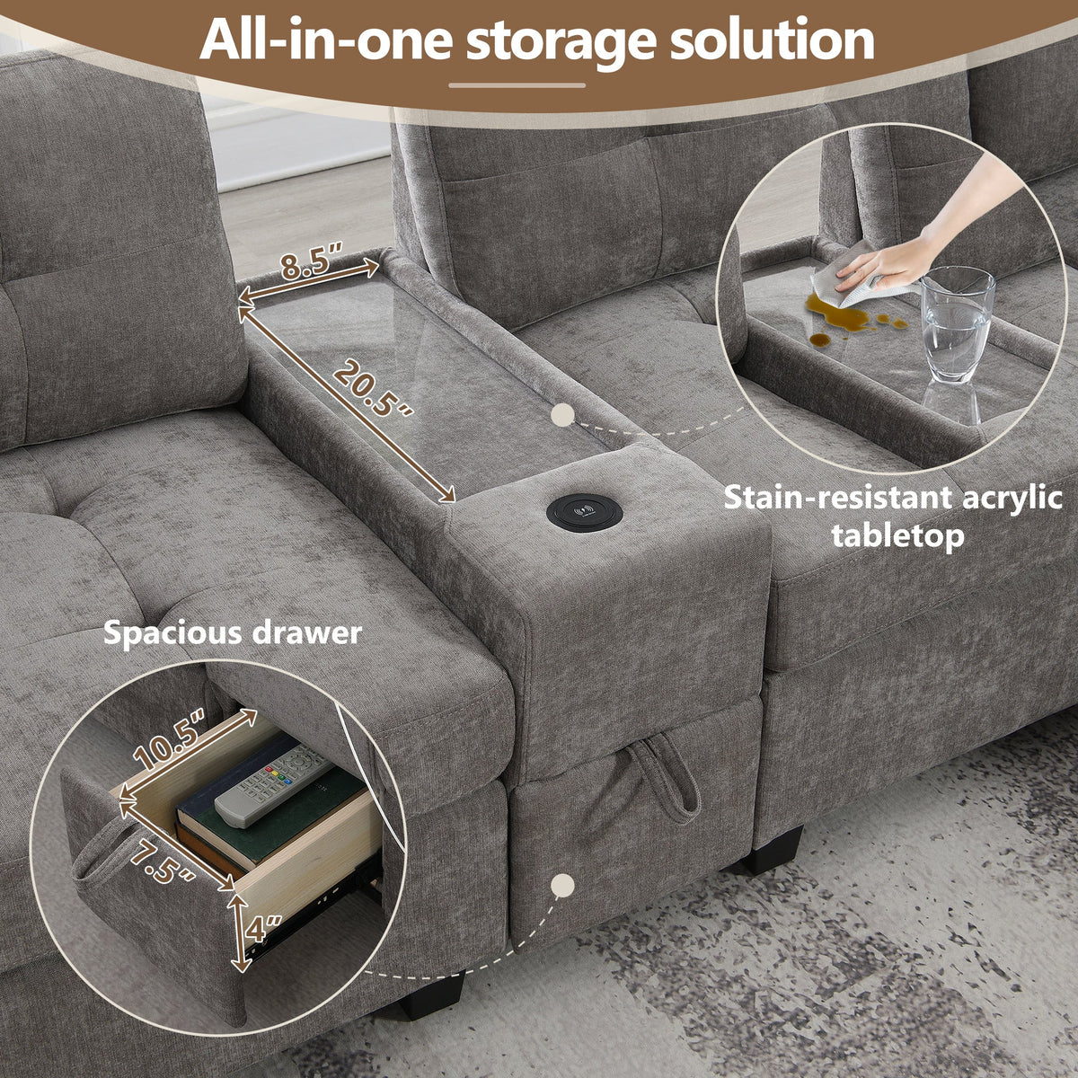 104-calowa sofa narożna z akrylowym blatem, zestaw wypoczynkowy w kształcie litery U z tkaniny szenilowej z 2 konsolami, ładowarką USB, szufladami do przechowywania i