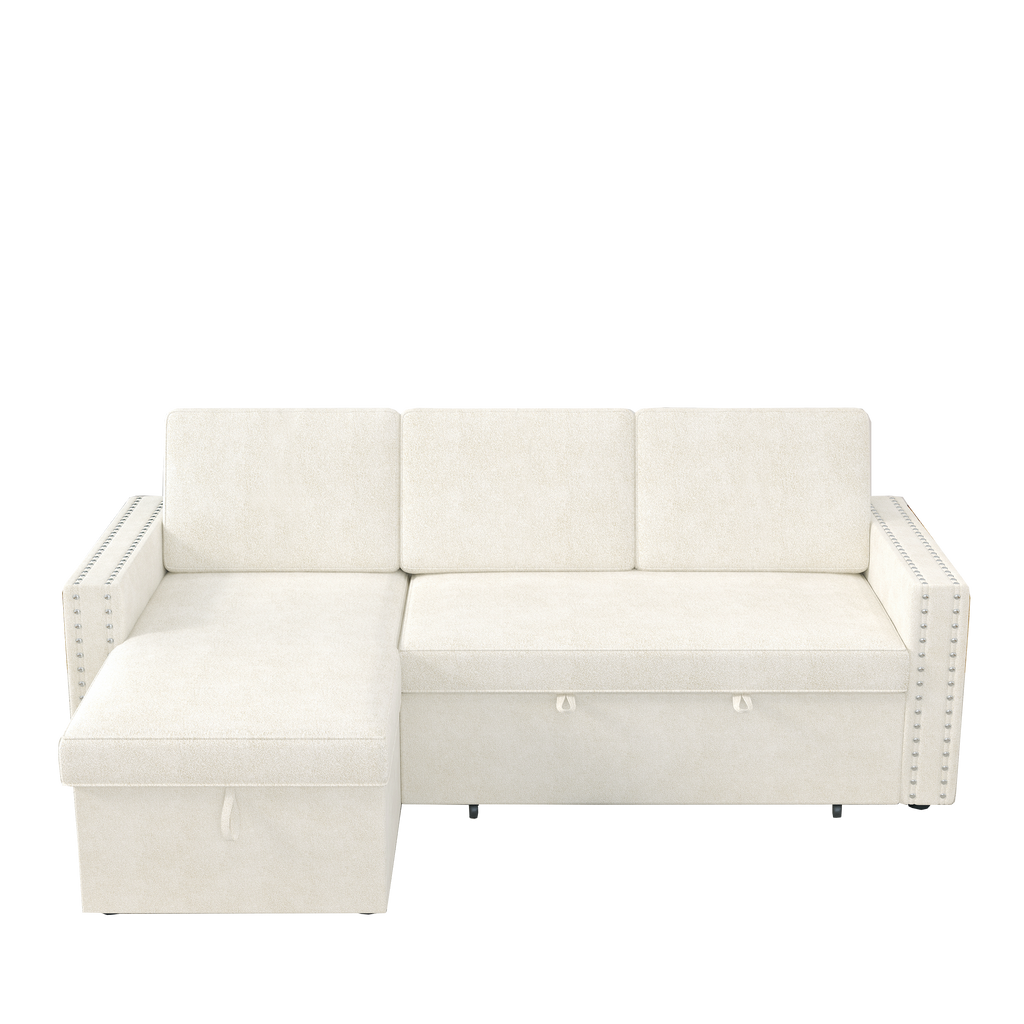 85 Inches Sofa Bed, 3 Seater Sleeper Sofa With Storage Chaise, Square Handrail With Pull and Copper Nail,Chenille , Pull