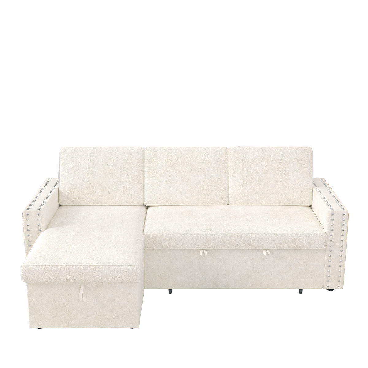 85 Inches Sofa Bed, 3 Seater Sleeper Sofa With Storage Chaise, Square Handrail With Pull and Copper Nail,Chenille , Pull