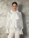 Lantern Sleeve Bow Tie Lace Embroidered Shirt