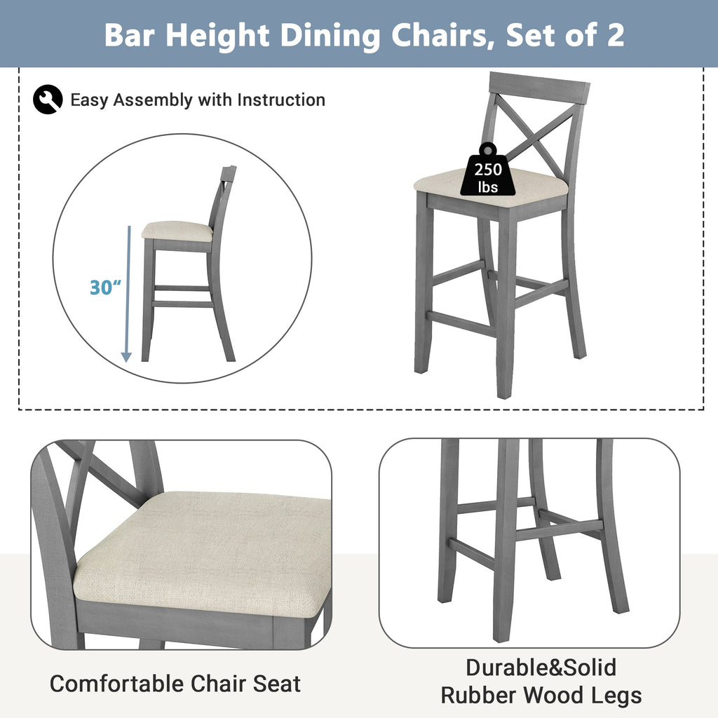 Farmhouse 48"Rectangular Wood Bar Height Dining Set Kitchen Breakfast Nook With 2 Chairs for Small Places,Gray