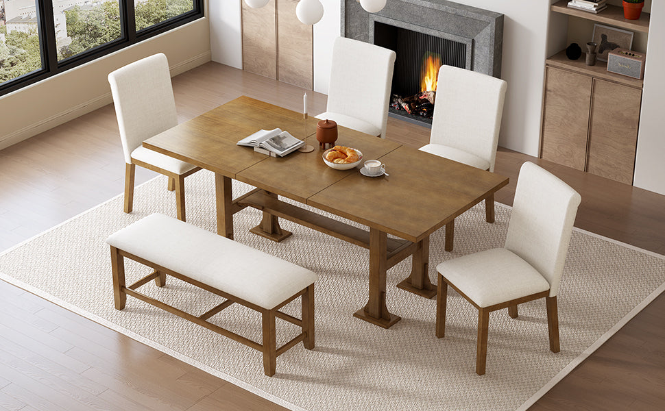 Farmhouse 76inch 6-Piece Extendable Dining Table Set Trestle Kitchen Table Set With 18inch Removable Leaf and Upholstere