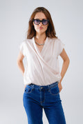 Beige Crossed Silk Top With V-Neck and Short Sleeves