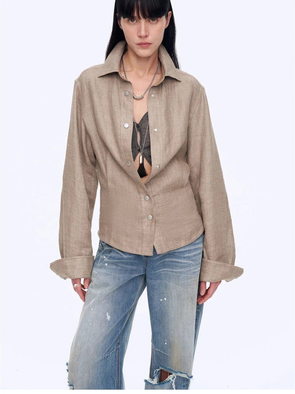 Refreshing Breathable Twill Linen Deconstructed Silhouette Old Money Style Waist Shirt Top"Berlin Afternoon Tea"