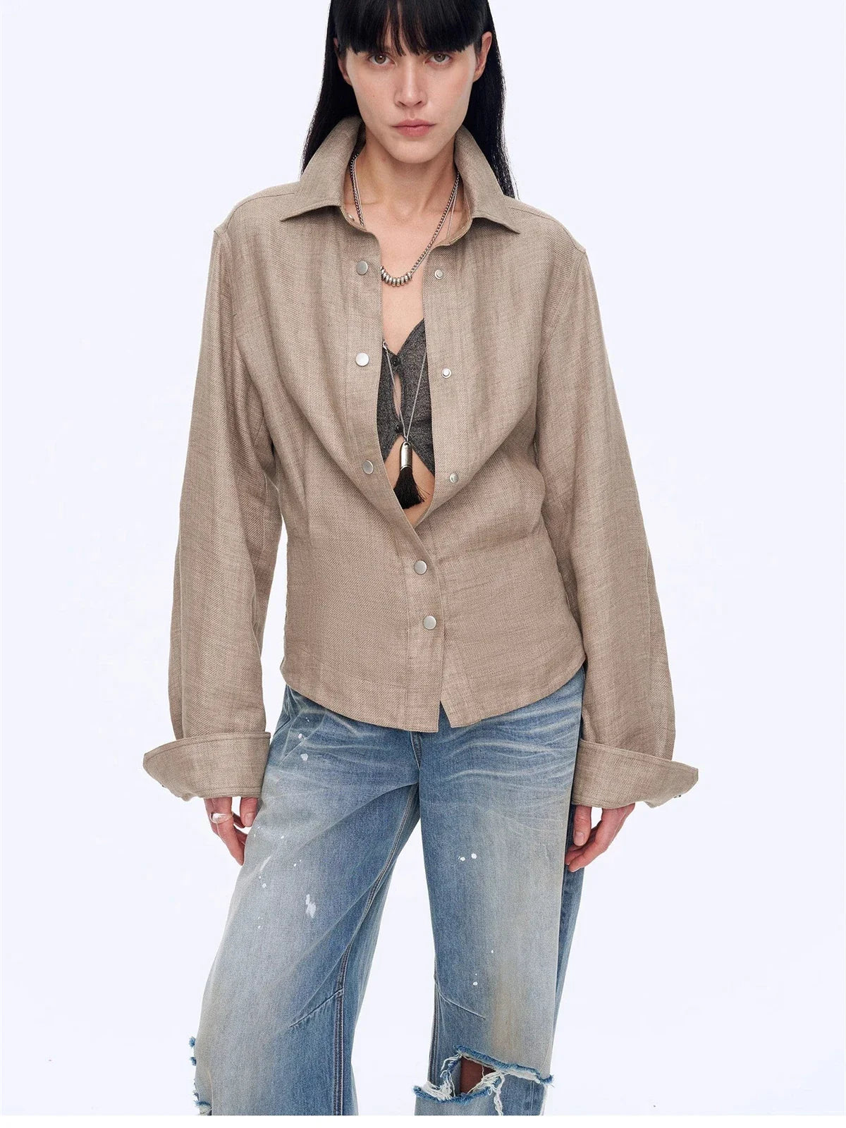 Refreshing Breathable Twill Linen Deconstructed Silhouette Old Money Style Waist Shirt Top"Berlin Afternoon Tea"