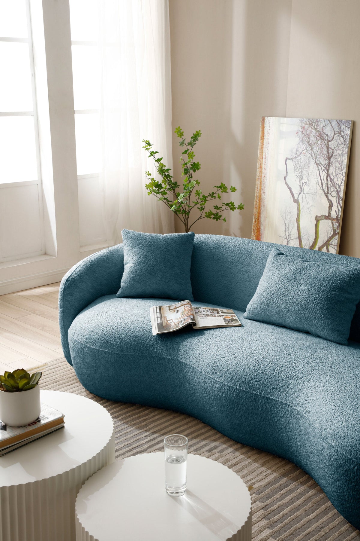 Sofá curvo moderno de 93.6 pulgadas, sofá de tela boucle para dormitorio, oficina, apartamento, azul