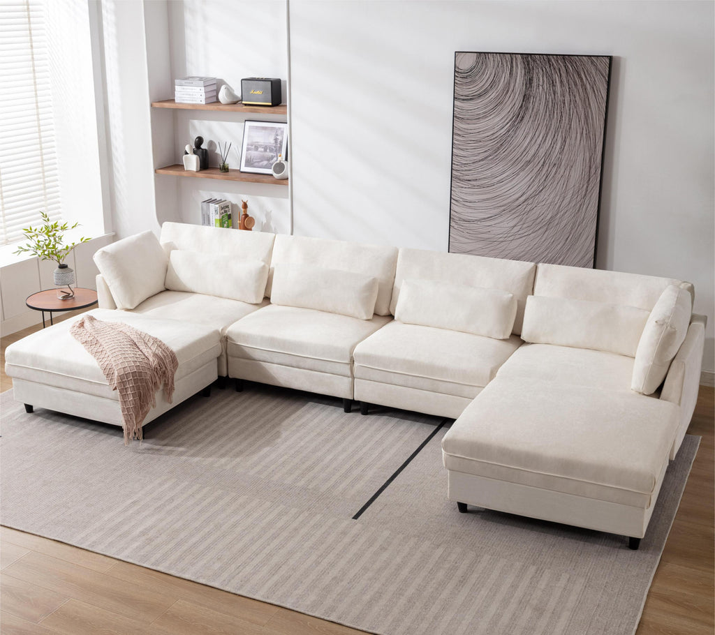 Oversized Modular Sectional Fabric Sofa Set With Waist Pillows, Extra Large U Shaped Couch With Reversible Chaise, 145 I