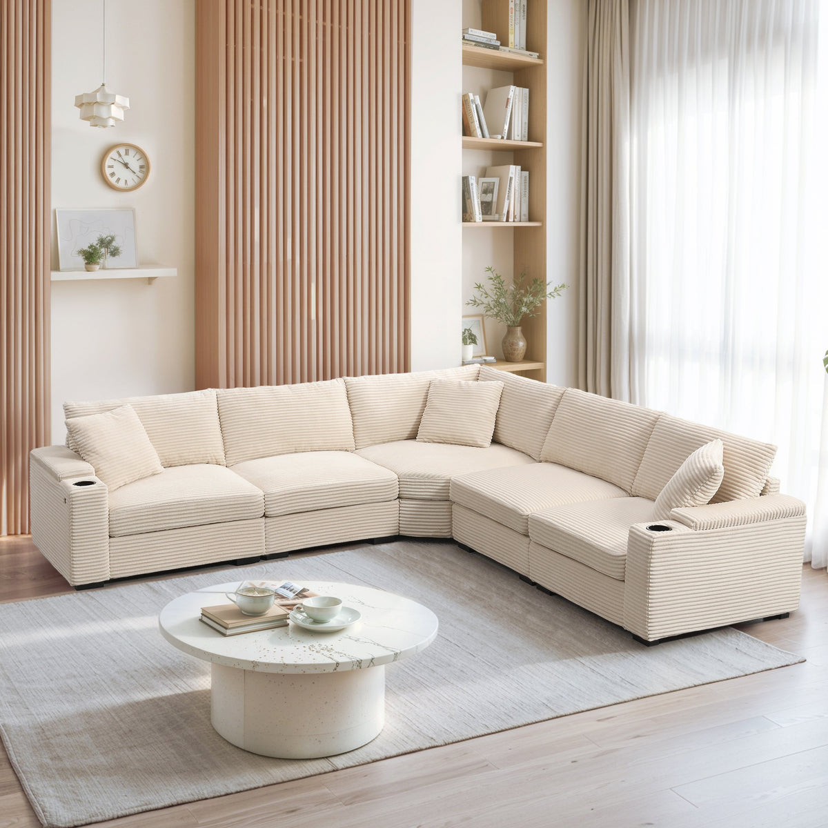 106" Convertible L Shaped Sectional Sofa,Corduroy Corner Couch With Armrest Storage,Cup Holders,USB Charger,Irregular Co