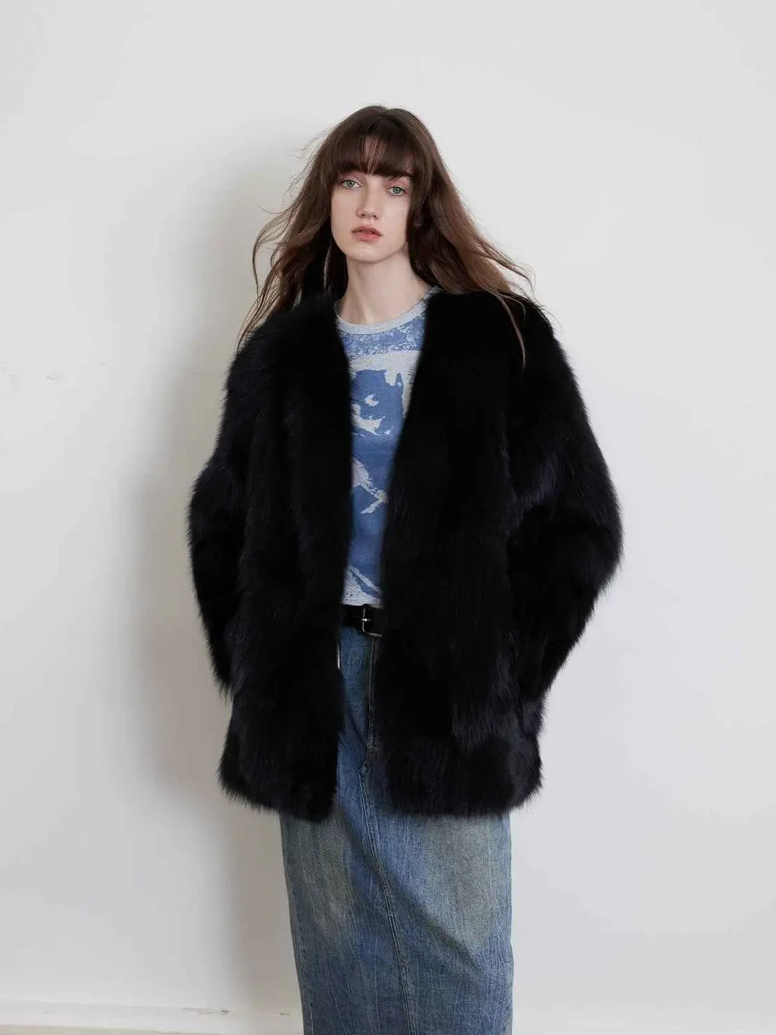 Fireladyfur Women's Finland Saga Fox Fur Fashion Cardigan“Black Sugar”