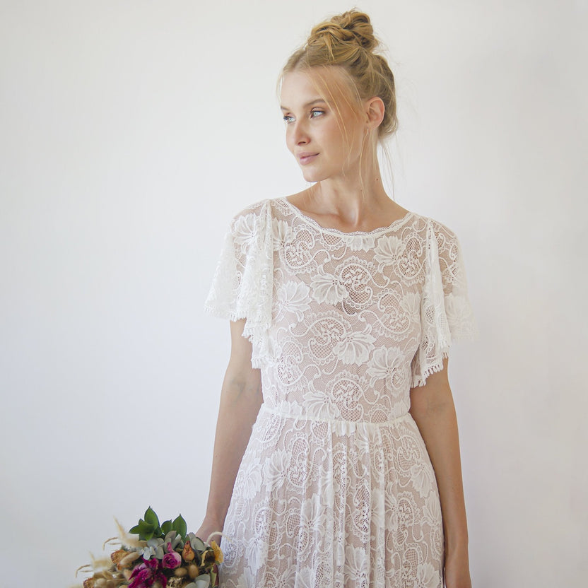 Lace Ivory Flutter Sleeve Dress , With a Separate Blush Underlining Dress  #1368