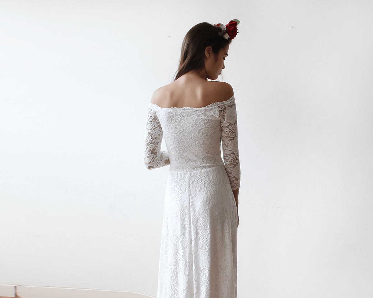 Ivory Off-The-Shoulder Floral Lace Dress #1119