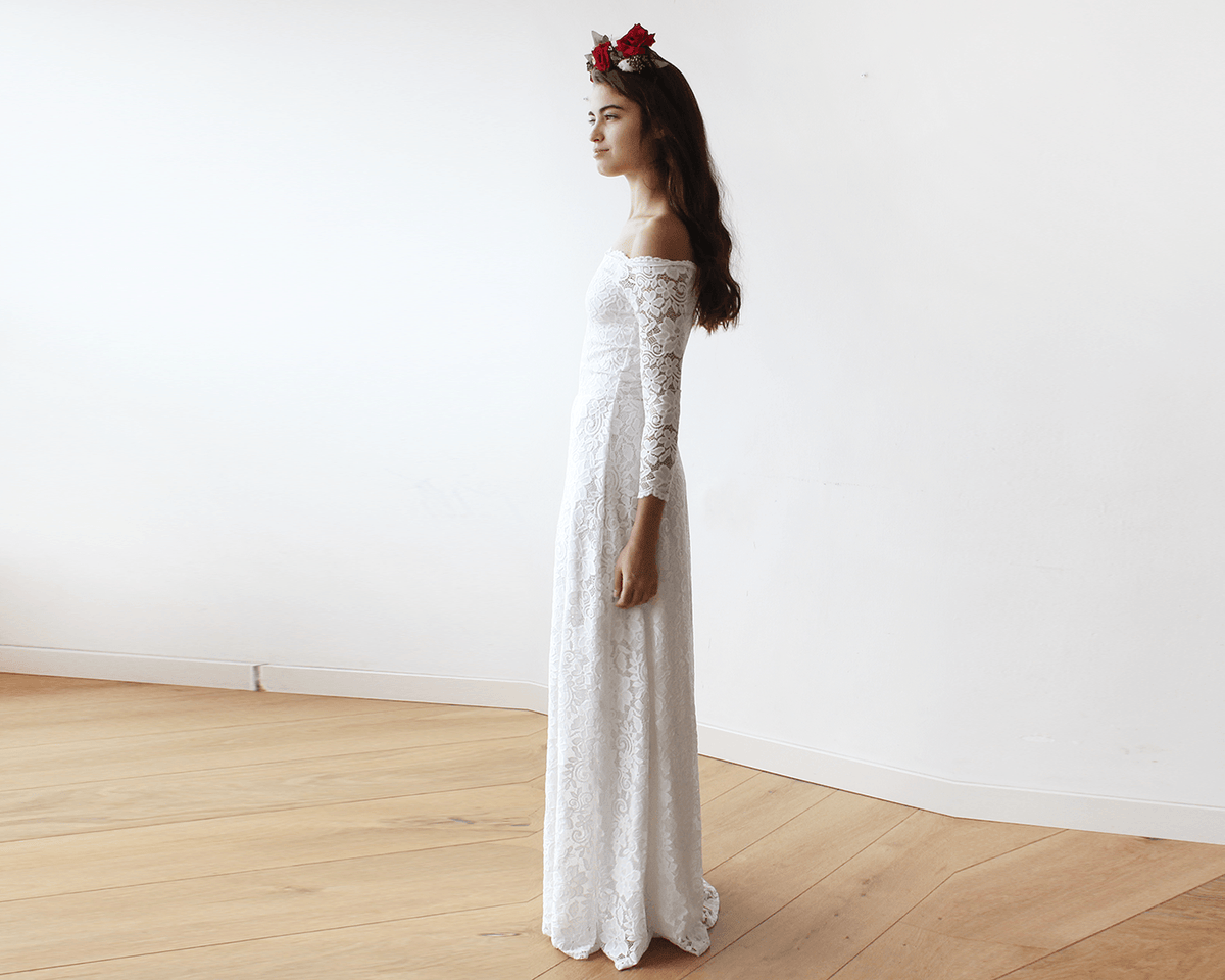 Ivory Off-The-Shoulder Floral Lace Dress #1119