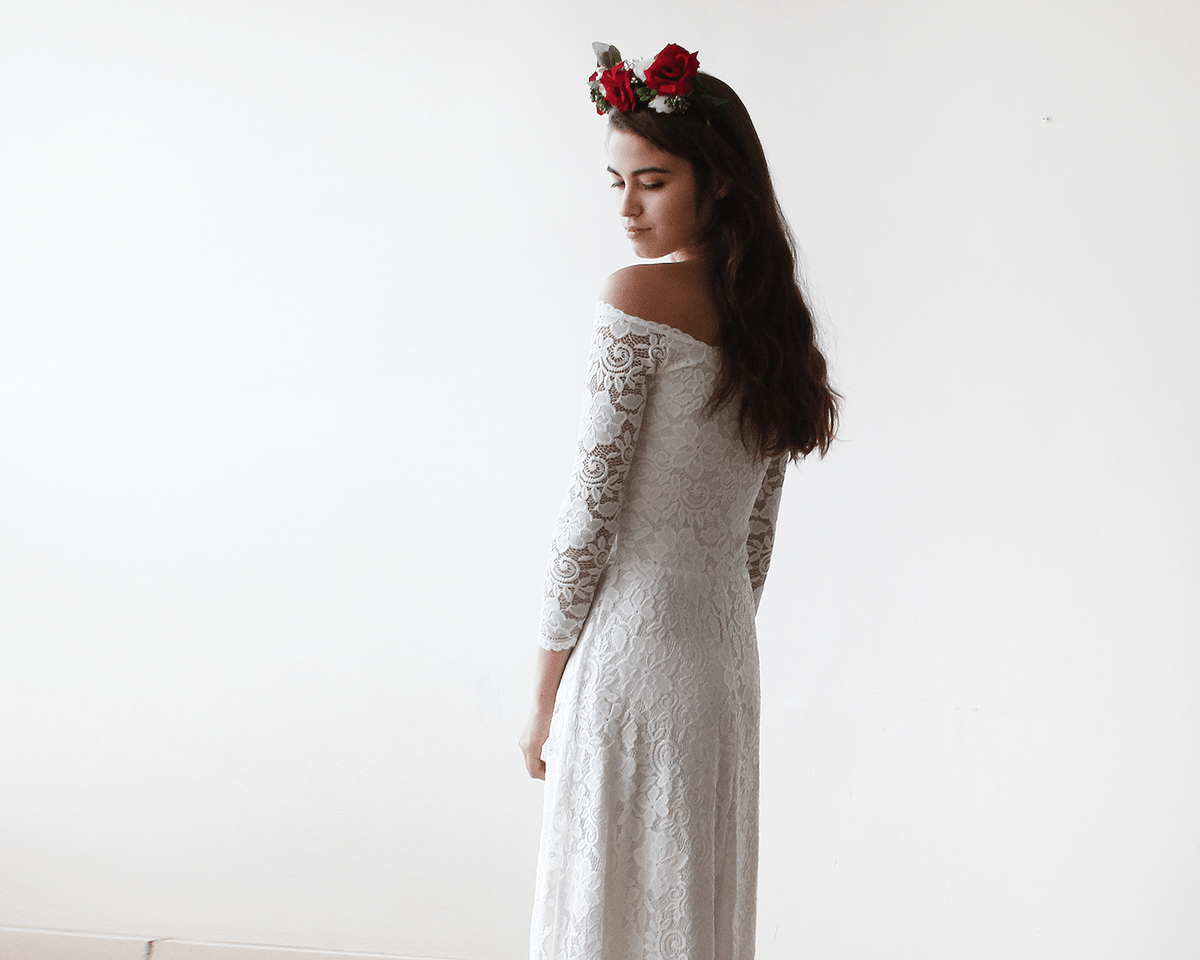 Ivory Off-The-Shoulder Floral Lace Dress #1119