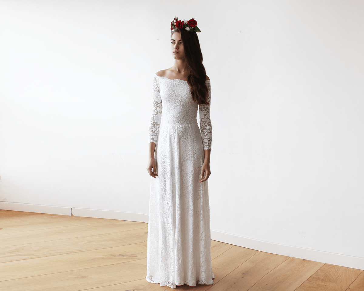 Ivory Off-The-Shoulder Floral Lace Dress #1119