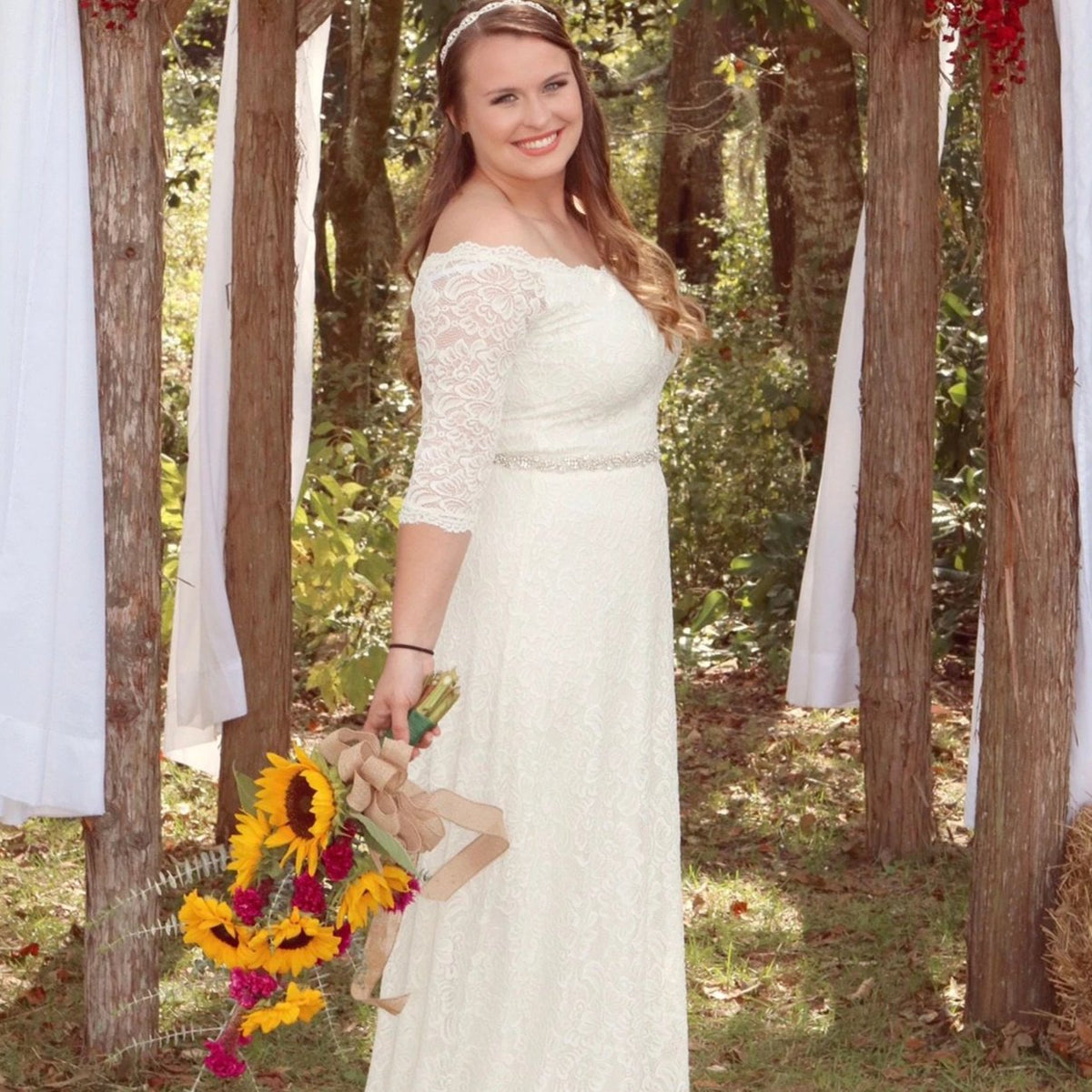 Ivory Off-The-Shoulder Floral Lace Dress #1119