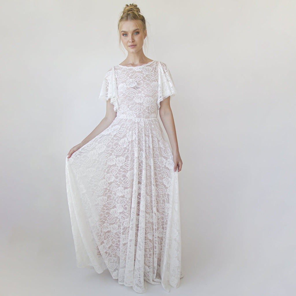 Lace Ivory Flutter Sleeve Dress , With a Separate Blush Underlining Dress  #1368