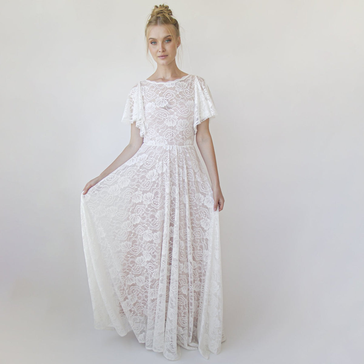 Lace Ivory Flutter Sleeve Dress , With a Separate Blush Underlining Dress  #1368