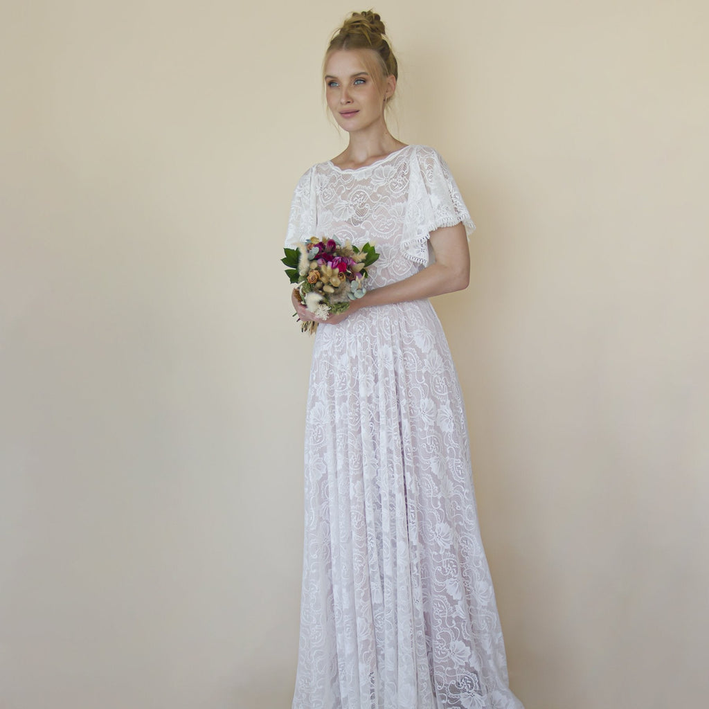Lace Ivory Flutter Sleeve Dress , With a Separate Blush Underlining Dress  #1368
