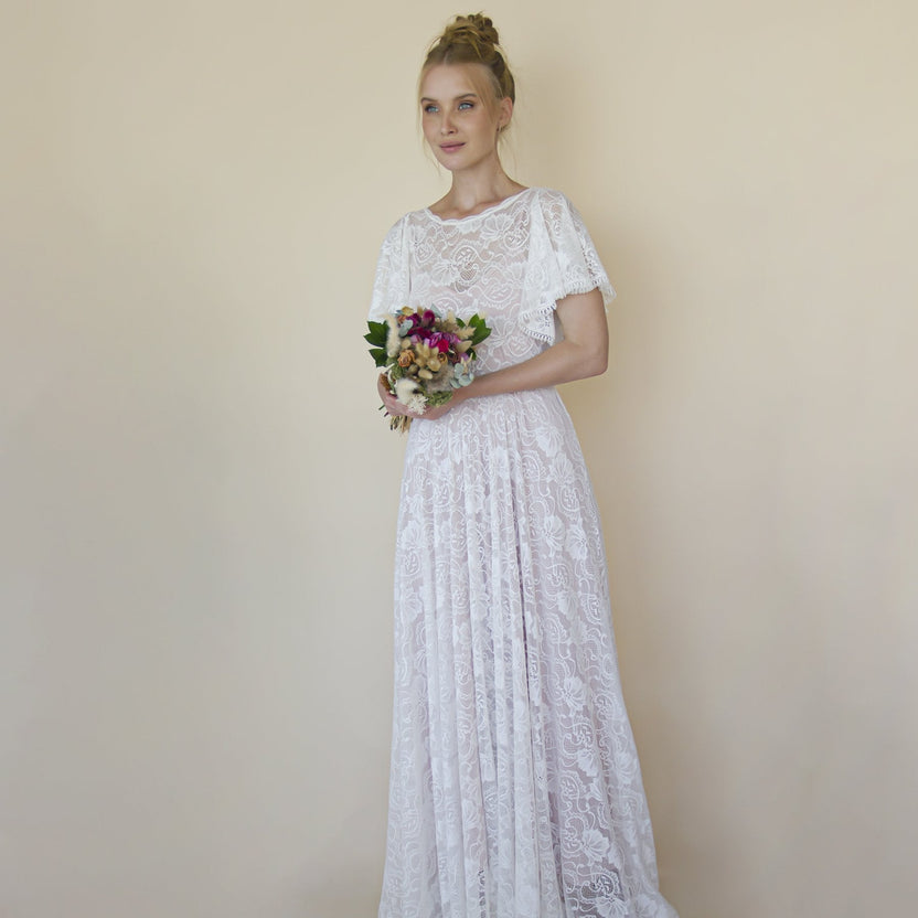 Lace Ivory Flutter Sleeve Dress , With a Separate Blush Underlining Dress  #1368