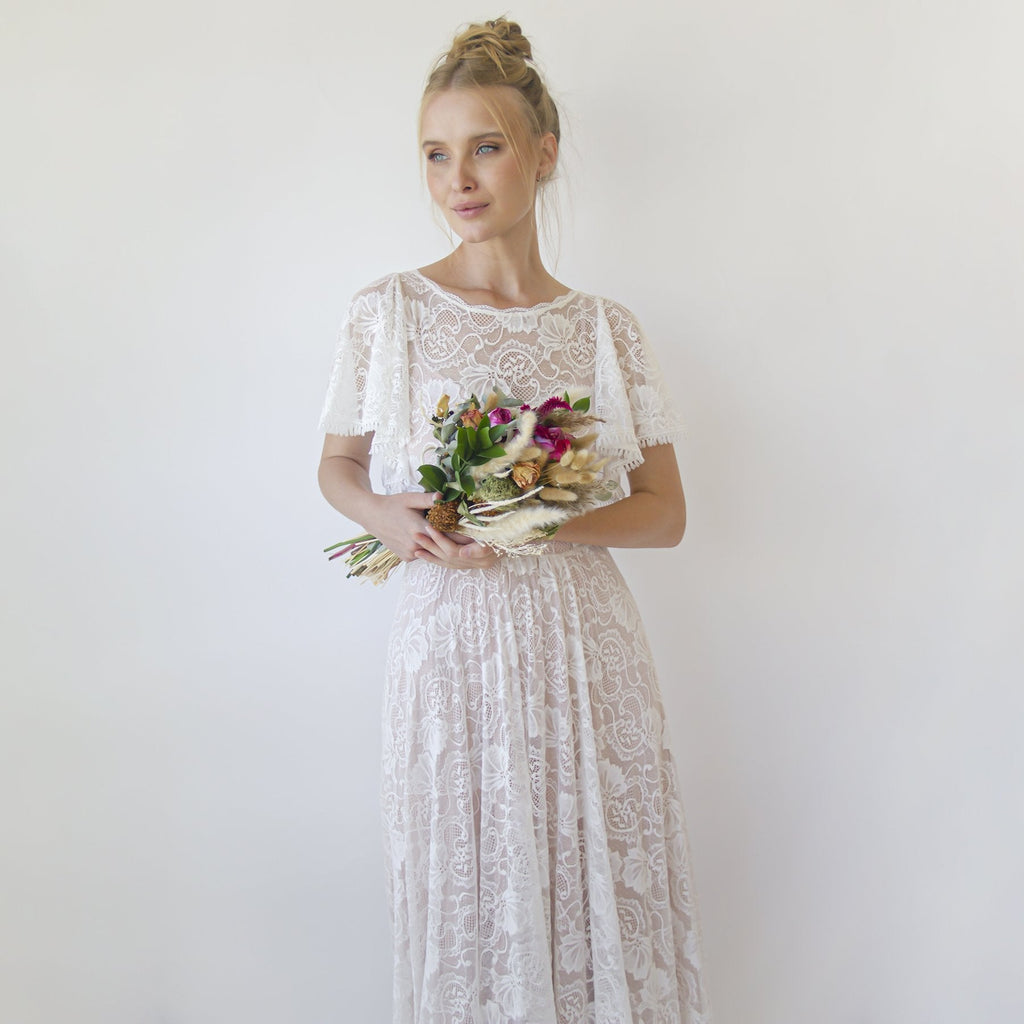 Lace Ivory Flutter Sleeve Dress , With a Separate Blush Underlining Dress  #1368